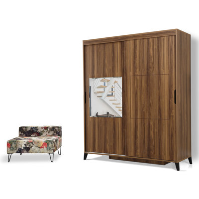 Modern Walnut Wardrobe with Mirror, 59.1 x 85.0 x 23.6 inches | 100% Melamine Coated Particle Board, Thickness: 0.7 inches | Numerous Shelves, Wall-Mountable | Stylish Brown Storage Solution for Any Bedroom