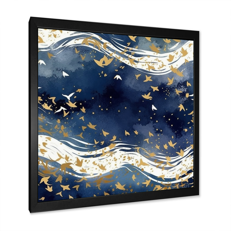 Bleu foncé et or abstrait VI, H 36 po x l 36 po x P 1,5 po, Cadre simple noir