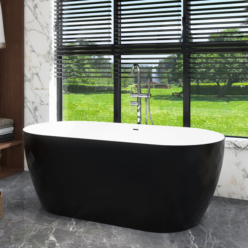 Baignoire de trempage autoportante en acrylique avec drain central 59 "x 28", Blanc / noir
