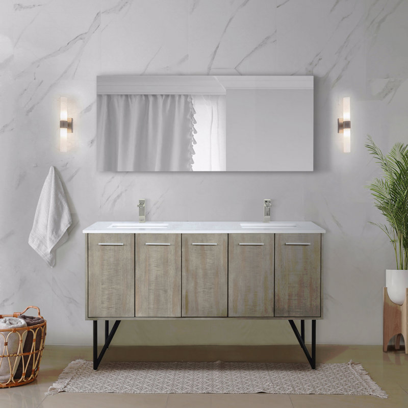 Meuble-lavabo double l 60 po x P 20 po, comptoir en quartz blanc, 60"