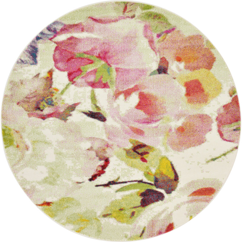 Tapis ivoire / vert / rouge à motif floral Adelinah, Rond 8 pi