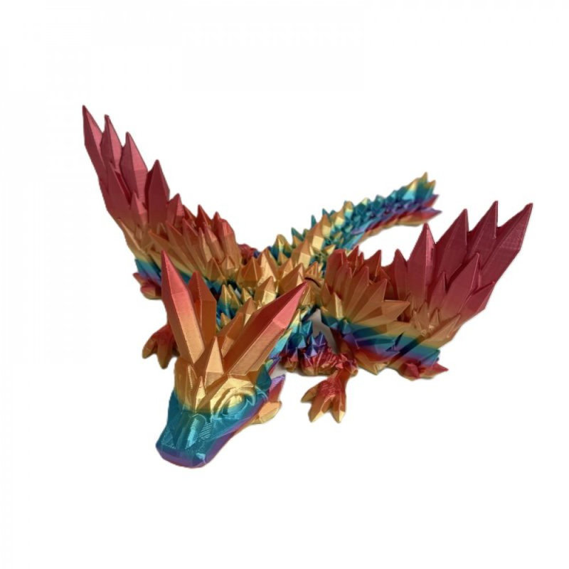 Figurine de dragon ailé en cristal à queue courte imprimée en 3D, H 4,5 po x l 13 po x P 12 po, Bleu/jaune/rouge