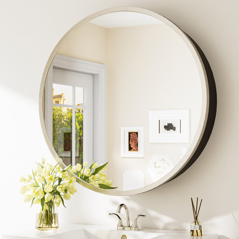 Gervon Round Wall Mounted Medicine Cabinet with Shelves, 28" H x 28" W x 6" D, Brushed Nickel