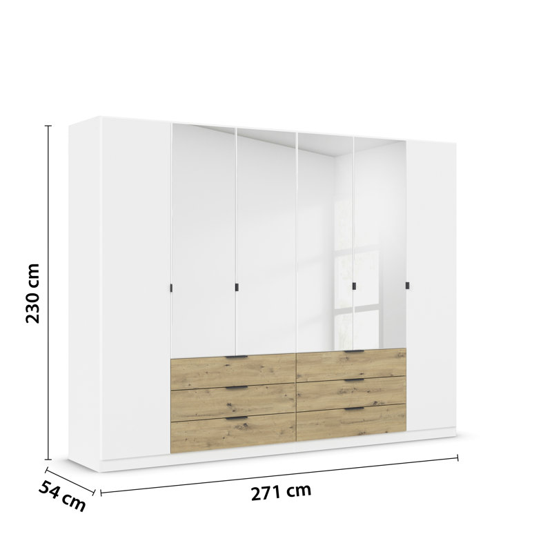 Wardrobe Wardrobe with hinged doors and drawers made in Germany, 229cm H x 271cm W x 54cm D, White/Oak Artisan