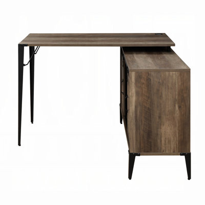 Rustic Oak Writing Desk With Hidden Storage Behind Sliding Barn Door, Metal Leg Frame, Cord Management Kit Pouch Work Door Compartments, Support, Arrangement Case