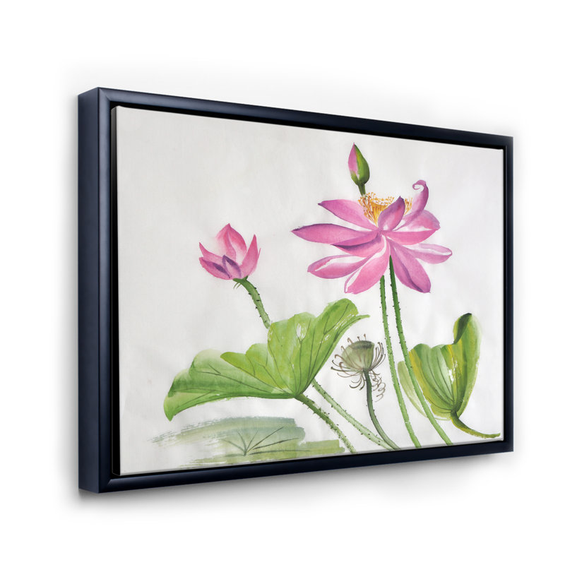 " Two Pink Lotus Flowers " Painting Print, Black Floater Frame, 24" H x 32" W x 1" D