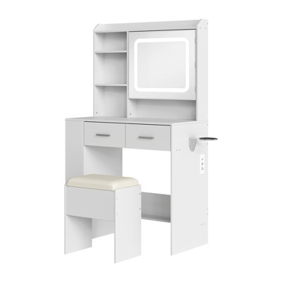 Ensemble de meuble-lavabo en bois blanc avec miroir à DEL, tiroirs de table de maquillage et tabouret rembourré pour la chambre à coucher, blanc
