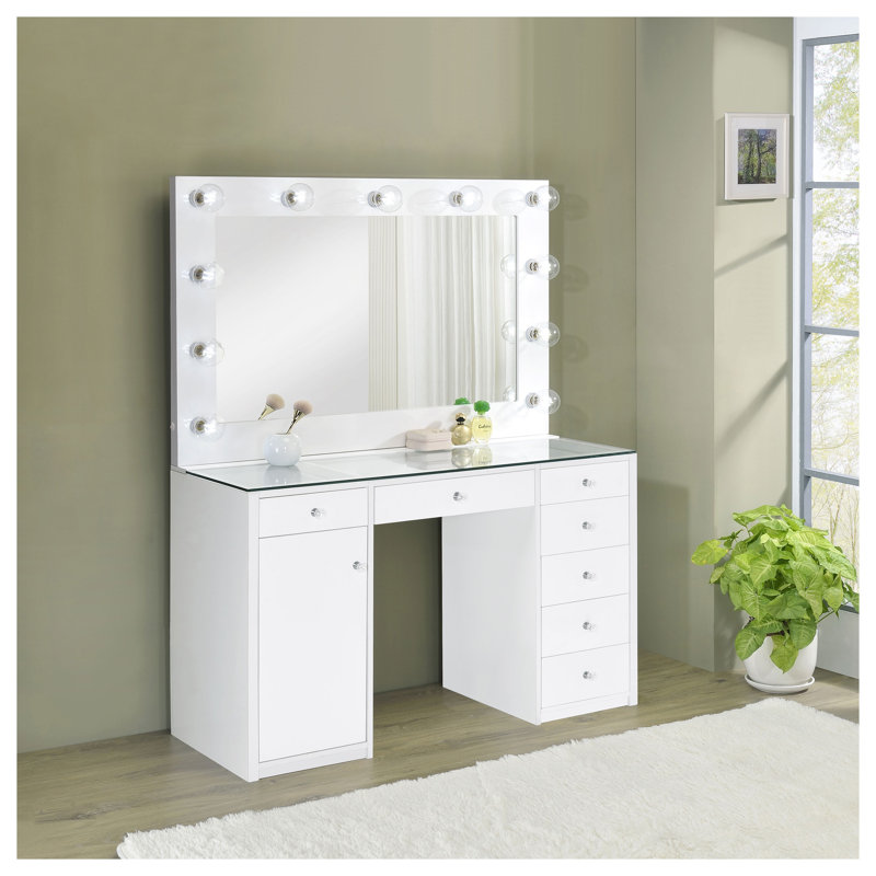 Ensemble coiffeuse Fern White laquée brillante à 7 tiroirs avec miroir éclairé et meuble latéral