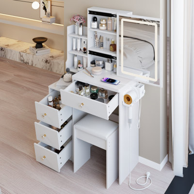 Bureau de coiffeuse Fashion, centrale électrique, support pour sèche-cheveux, très grand miroir coulissant à commande tactile