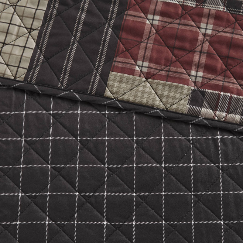 Ensemble de courtepointe réversible 3 pièces Timber, Couvre-lit grand et 2 taies standard, Dark Grey/Red