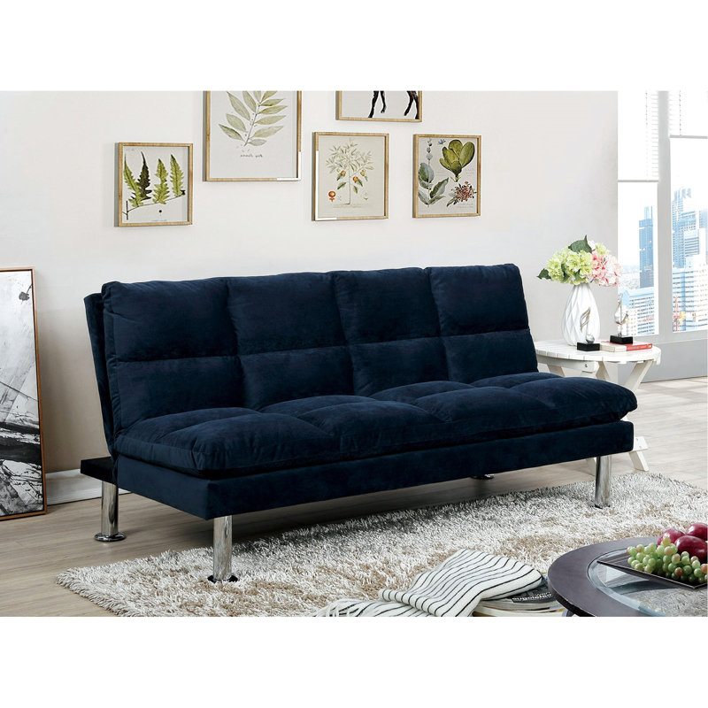 Futon convertible en lit 2 places en microfibre Contemporary Navy, fabriqué, avec un pied de soutien supplémentaire, confortable pour les adolescents