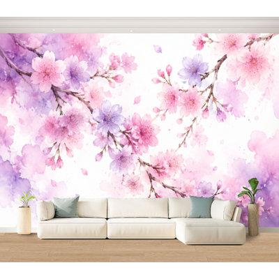 Papier peint adhésif peler et coller fleurs de cerisier japonais indémodables kimono yukata rose rouge mauve papier autocollant amovible pour décoration murale de salon H 100 po x l 144 po