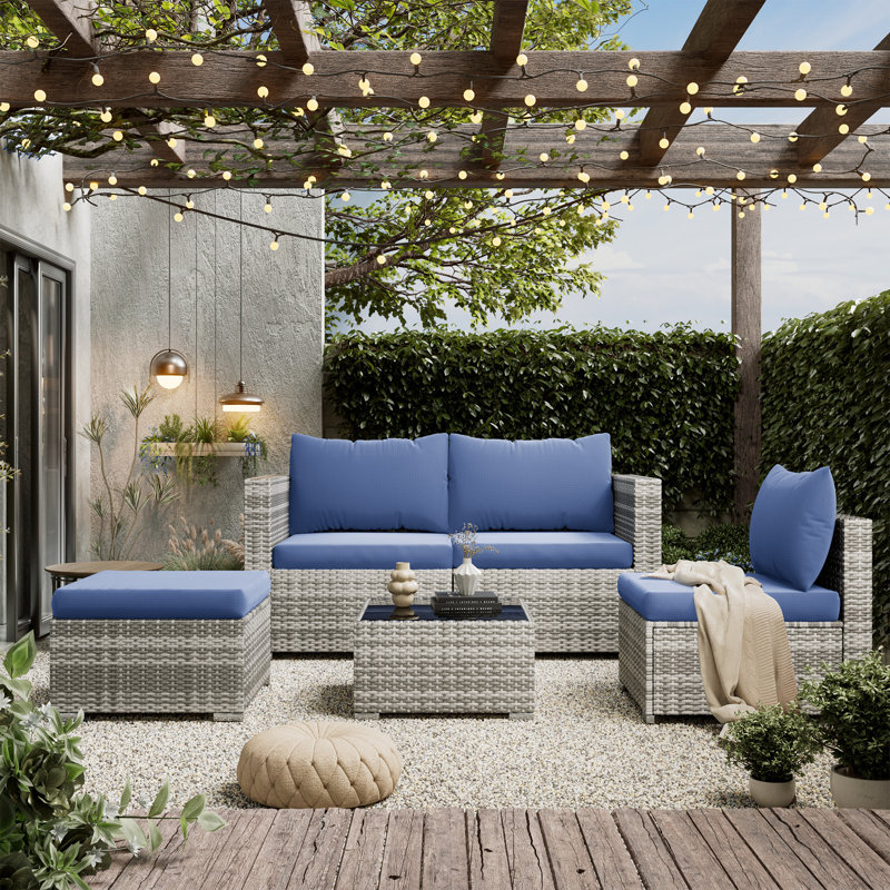 Aadrith Wicker 4 - Person Patio Conversation Set with Cushions, Navy