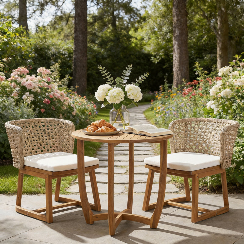 Ensemble de bistro d'extérieur moderne en acacia et osier, 2 chaises + table ronde