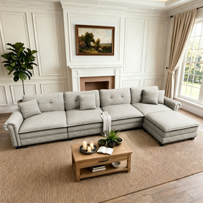 Canapé modulaire de 150 po avec repose-pieds, siège surdimensionné en L à aspect lin avec garniture cloutée 150 po