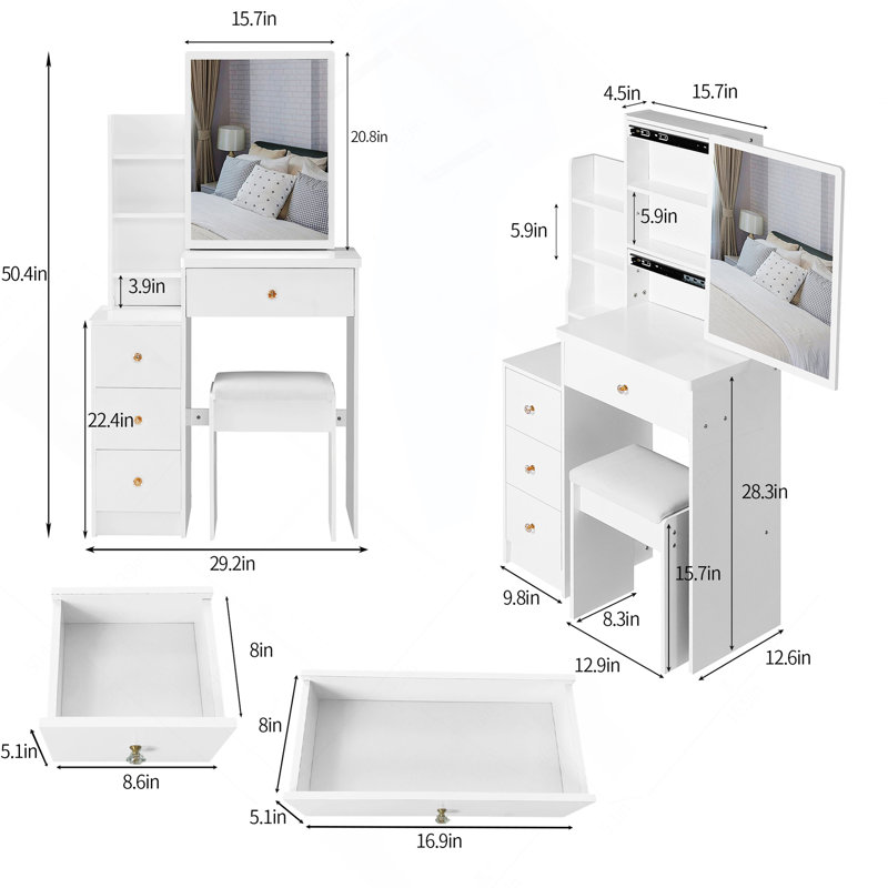 Compact And Stylish Bedside Cabinet Set With Extra Large Mirror And High Capacity Storage, White