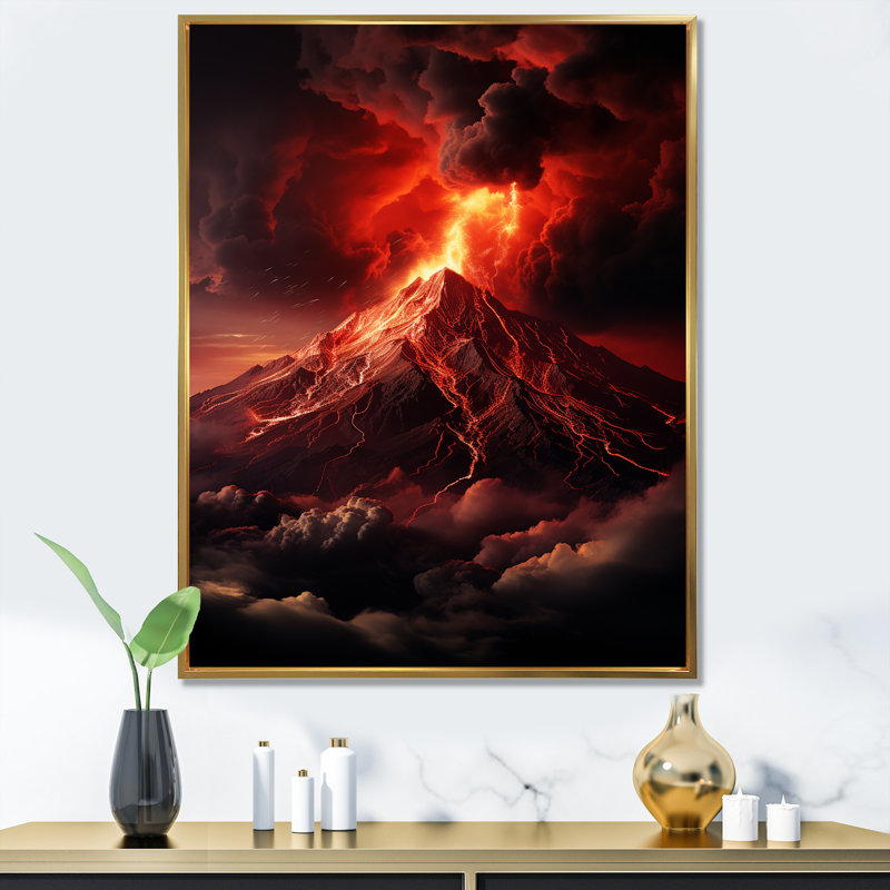 «Volcano Volcanic Explosion VI», reproduction sur toile, Cadre flottant doré, H 32 po x l 16 po x P 1 po