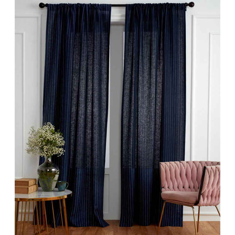 Pinstripe - 100% Pure Linen Curtain, 52" W x 120" L, Navy and White