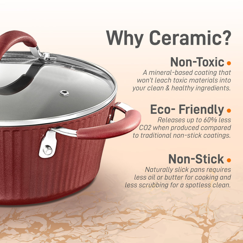 Red Lacquered Aluminum Cooking Pot with Glass Lid, 2.1 Quart