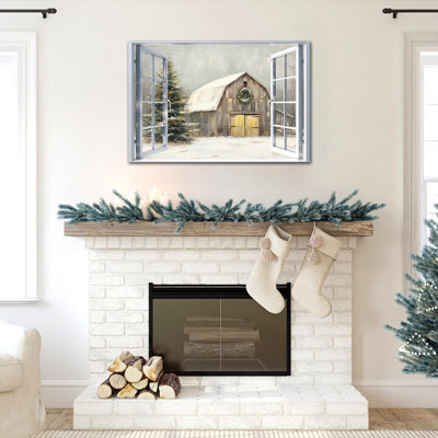 Grandes décorations murales encadrées d'hiver - Rustic Barn Winter Wonderland, art mural pour le salon, scène de neige de Noël, peinture sur toile encadrée en pin, 32 po x 48 po