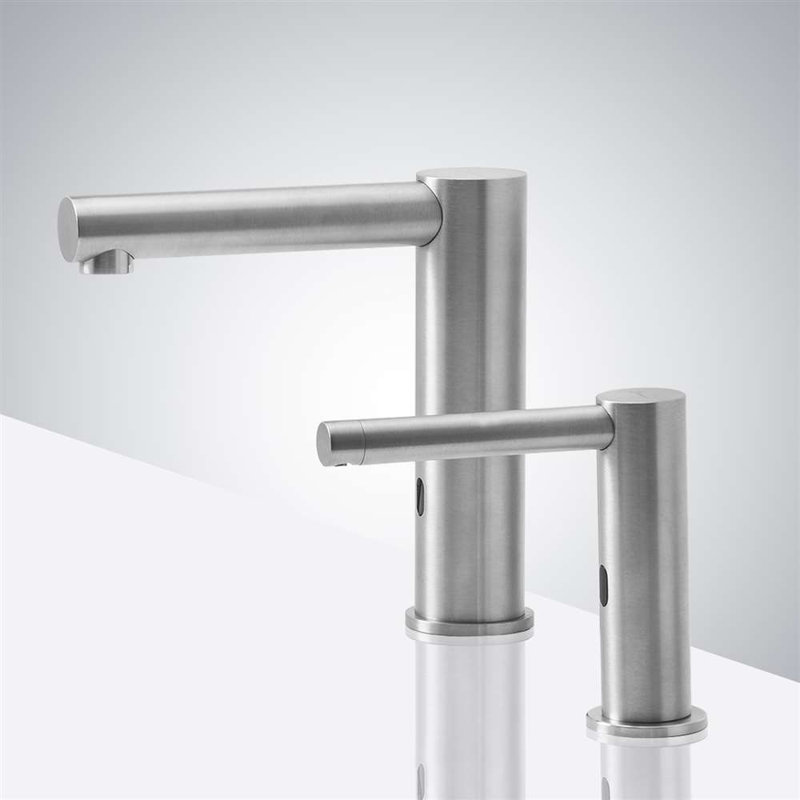 Brushed Nickel Deck Mount Touchless Faucet Soap Dispenser Set Dual Commercial Sensor System