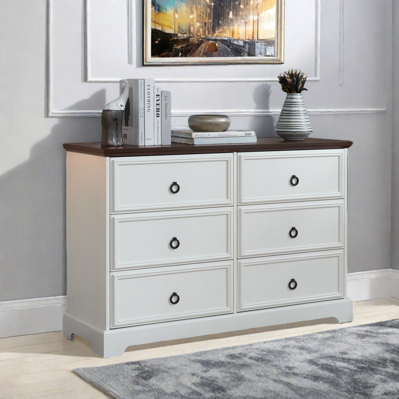 Commode de ferme avec 6 tiroirs, poignées rondes et surface en grain de bois, Blanc