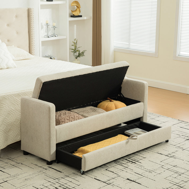 Banc rembourré avec tiroir de rangement de 58,3 po de largeur, Gris beige