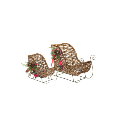 Pair of Sparkly Brown Wooden Sleighs Accent