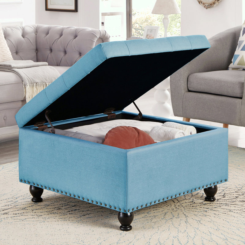 Grand banc repose-pieds carré avec rangement, Bleu clair