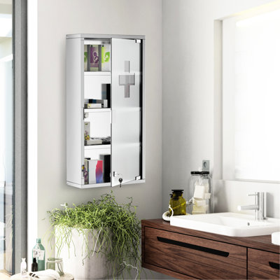 Armoire murale Meds, serrure, acier inoxydable, tablettes à 4 niveaux, 12 po x 24 po, casier en acier avec finition argentée, type à fixation