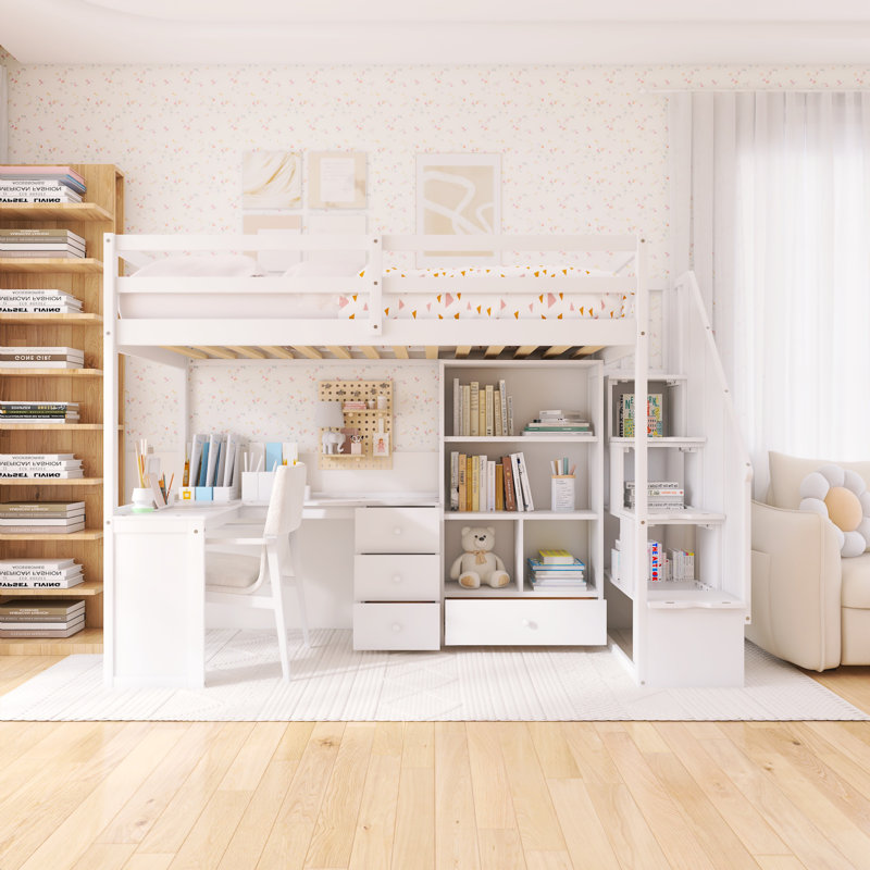 Lit mezzanine avec bureau en L et tiroirs, armoire et escalier de rangement, Blanc
