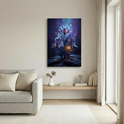 Glowing Purple Flowers and Butterflies in Starry Sky Canvas Wall Art