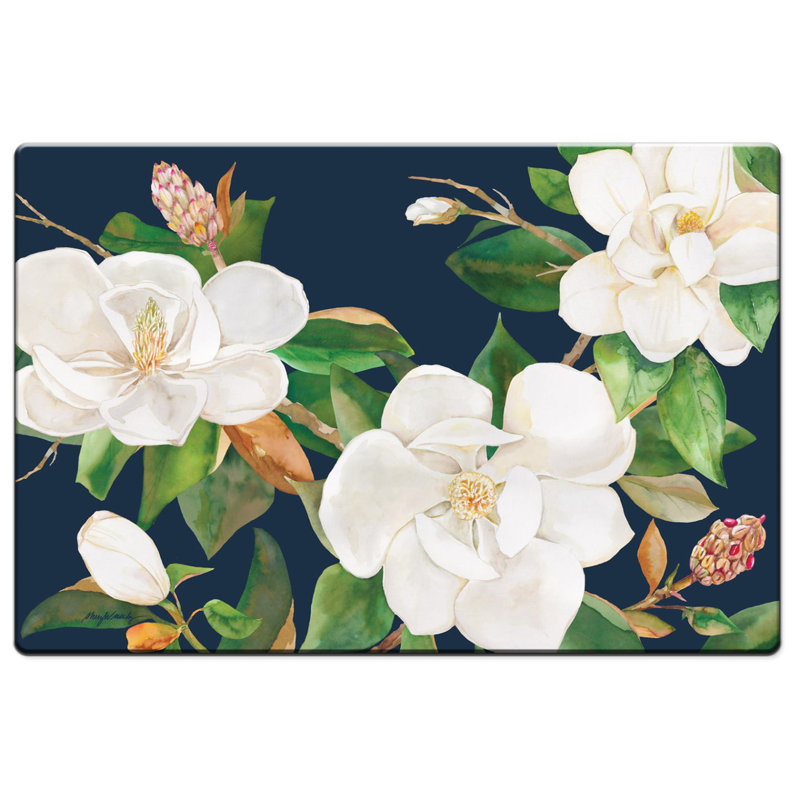 Magnolia Motif Navy and White Vinyl Comfort Kitchen Floor Mat