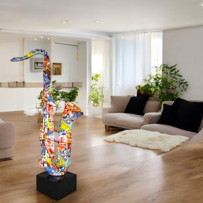 Modern Art Graffiti Saxophone Statue Made of Resin - Kingsland Music-Inspired Decor, 15" x 9" x 29"H