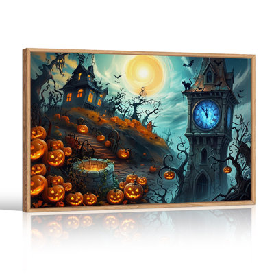 Spooky Haunted House and Clock Tower with Glowing Halloween Canvas Wall Art