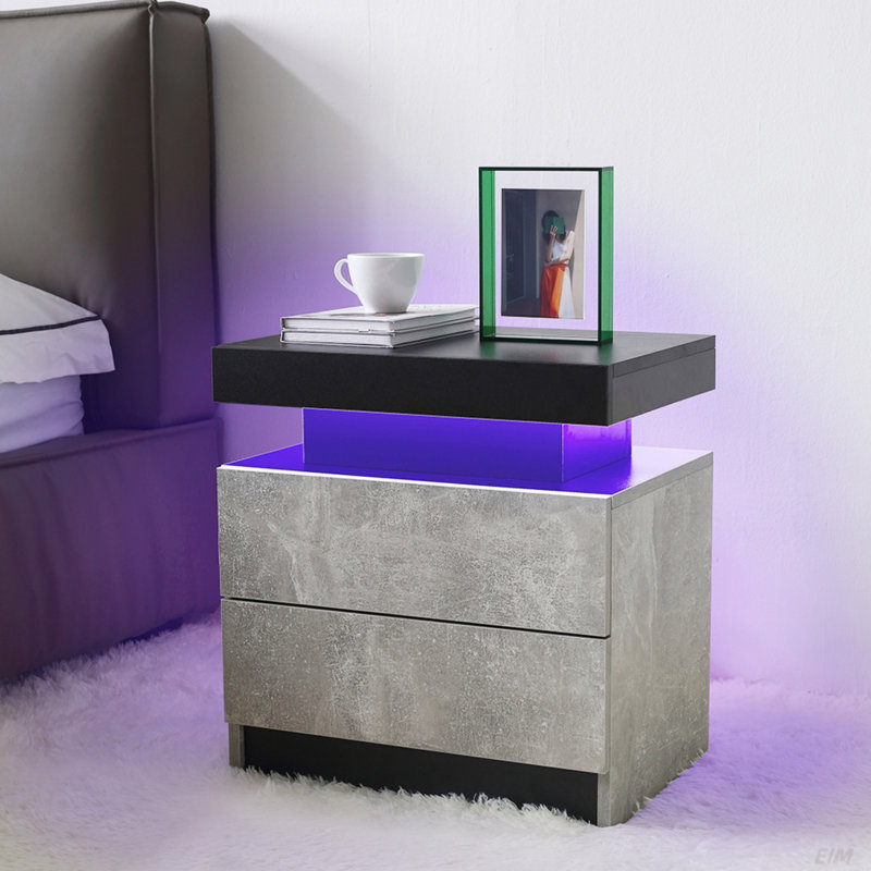 La table de chevet de la table de chevet LED illumine le côté moderne avec 2 tiroirs pour la chambre à coucher, Noir / gris