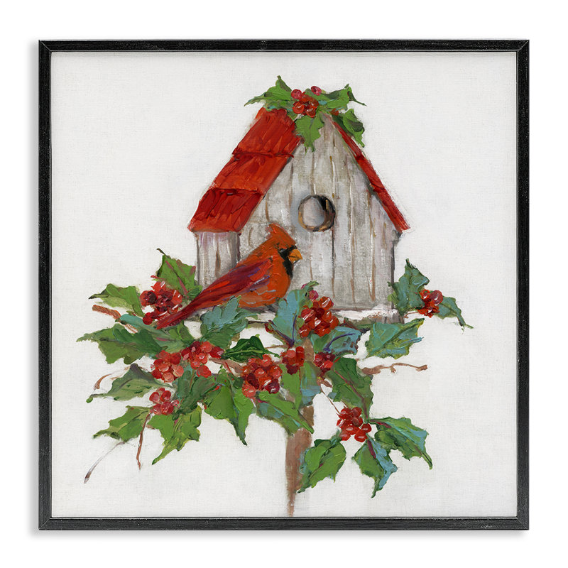 «Winter Plants & Birdhouse», art de la giclée encadrée par Sally Swatland, Giclée encadrée noir minuit, H 17 po x l 17 po