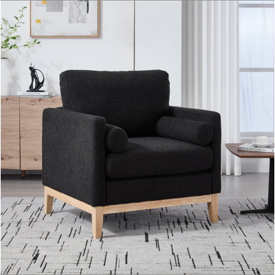 35.4 "Wide Modern Farmhouse Performance Accent Chair with Natural Wood Legs, Wood Base Reading Armchair Single Sofa with Two Bolster Pillows for Living Room offices and Lounge Boucle.
