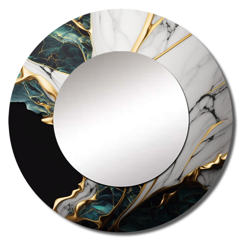Petteri abstrait géode or et vert marbre III - grand miroir mural en marbre, miroir rond vert unique, art imprimé en métal