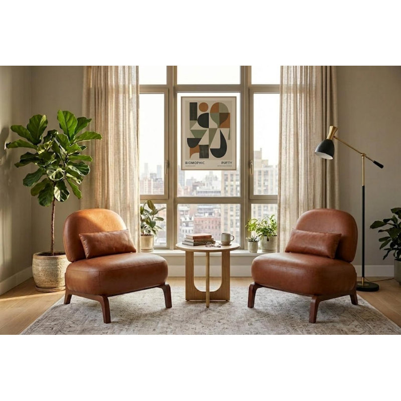 Méridienne Mid-Century moderne avec base traîneau, Similicuir brun cognac