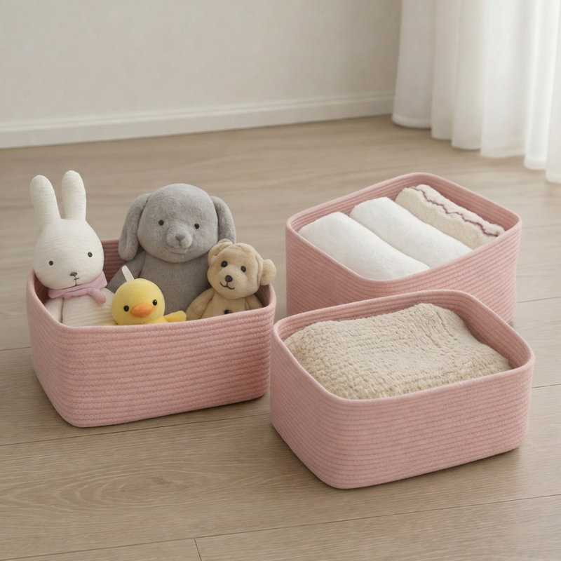  3-Piece Cotton Rope Storage Basket Set, Rectangular Woven Shelf Bins with Handles, Pink