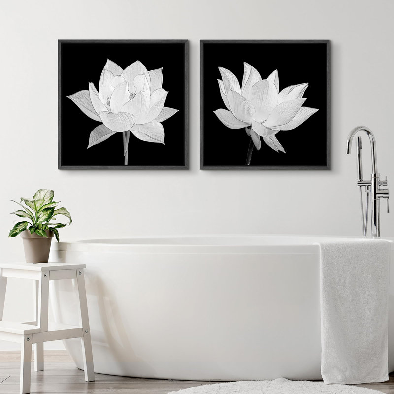 "Fleur de lotus monochromatique, art moderne nordique" 2 pièces, H 16 po x l 16 po, Cadre flottant noir
