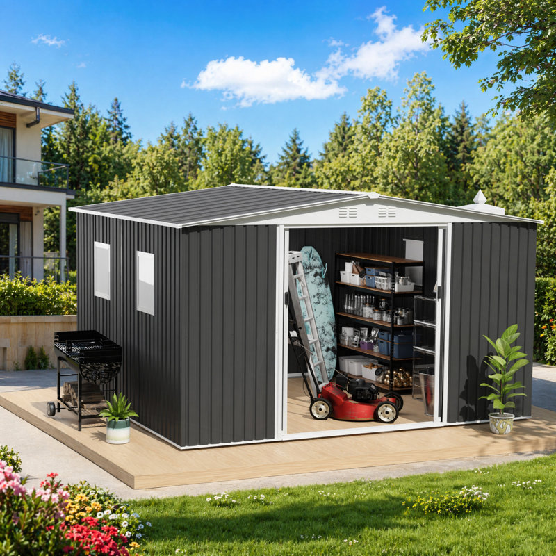 Remise de jardin 12 x 10 pi en métal avec porte coulissante et 4 fenêtres avec toit Apex