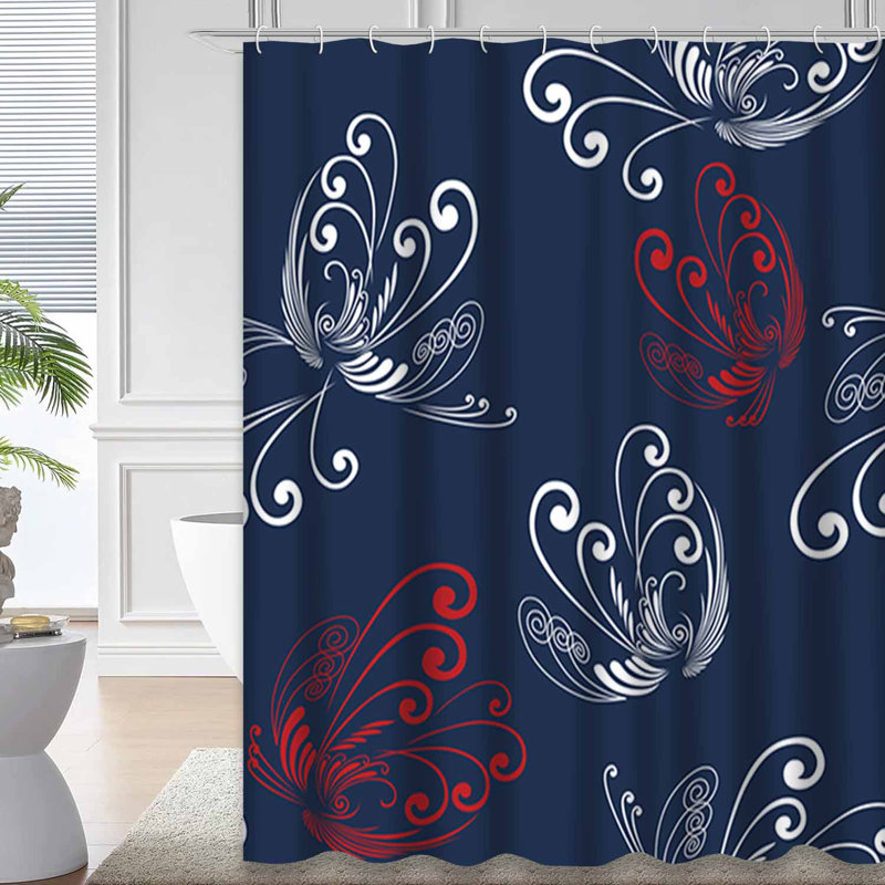Rideau de douche abstrait à rayures rouges et bleu marine avec 12 crochets, 72" L x 78" W