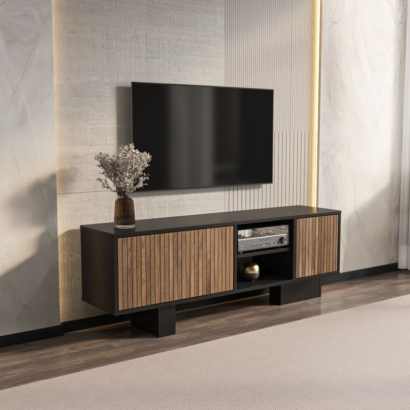 Modern TV Stand, Black & Brown, 59.1 x 21.3 x 13.8 inches | 100% Melamine Coated Particle Board, Thickness: 0.7 inches | Stylish Industrial Design for Living Room & Entertainment Spaces, Durable & Functional