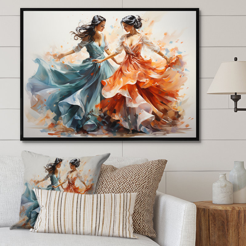 «Peach Blue Indian Art Kathak Dancers», reproduction d'art sur toile, H 16 po x l 32 po, Cadre flottant noir