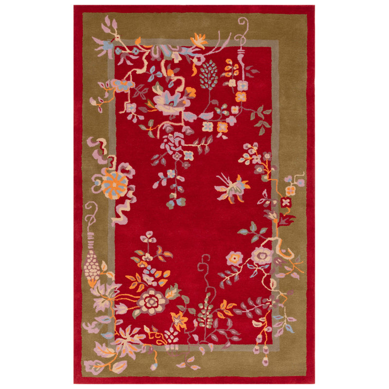 Shrinivas Hand Tufted Wool/Cotton Floral Rug in Red/Green, Rectangle 4' x 6'
