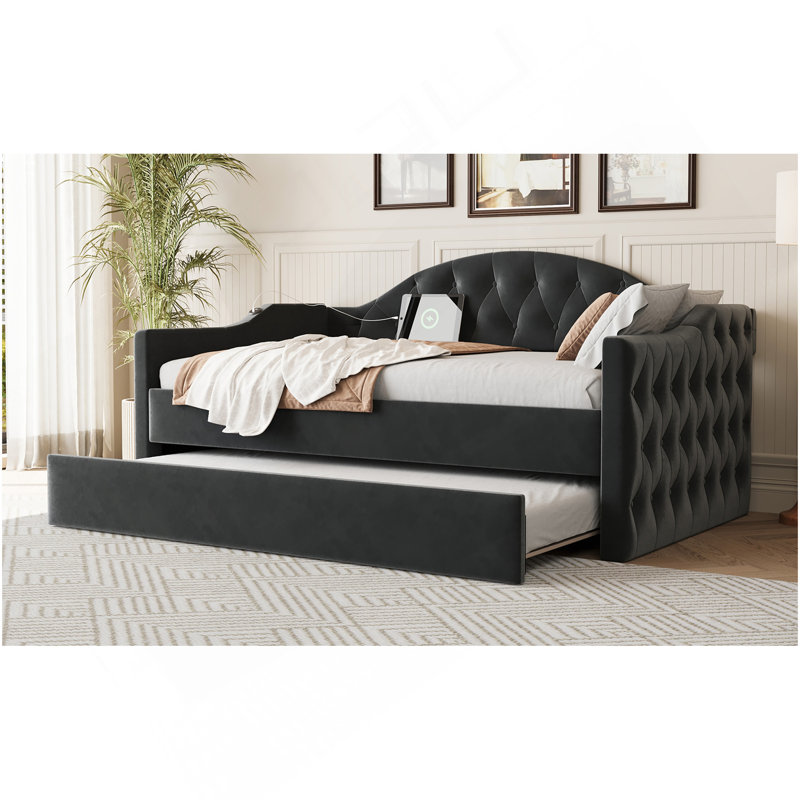 Lit de jour simple rembourré capitonné avec couchette, canapé-lit en velours avec ports USB et ports de charge de type C, aucun sommier nécessaire