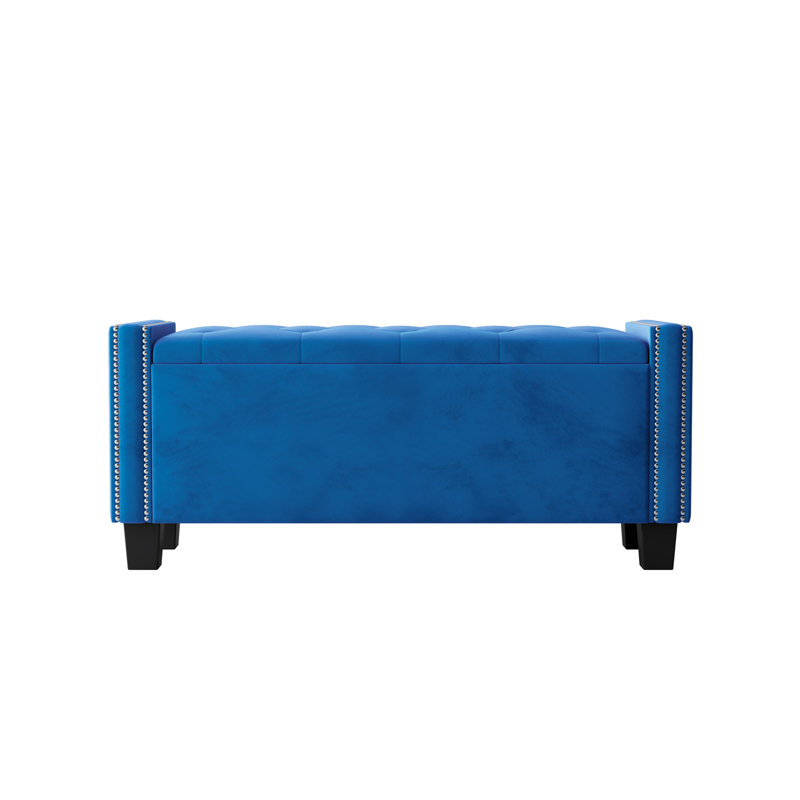 Upholstered Velvet Storage Ottoman Bench for Bedroom, End of Bed Bench with Rivet Design, Tufted Foot Rest Stool,Blue, Blue