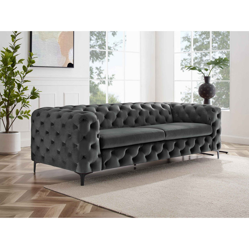 Ghaleb 237Cm Velvet Square Arms Sofa, Black, Grey Velvet